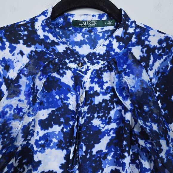 Lauren Ralph Lauren Womens Floral Button Up Top Size Large Blue Ruffle Feminine - Picture 3 of 8